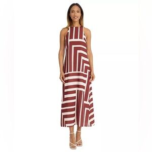 DONNA MORGAN Stripe Maxi Dress Women 4/S Brown Beige Party Cocktail Elegant Fall